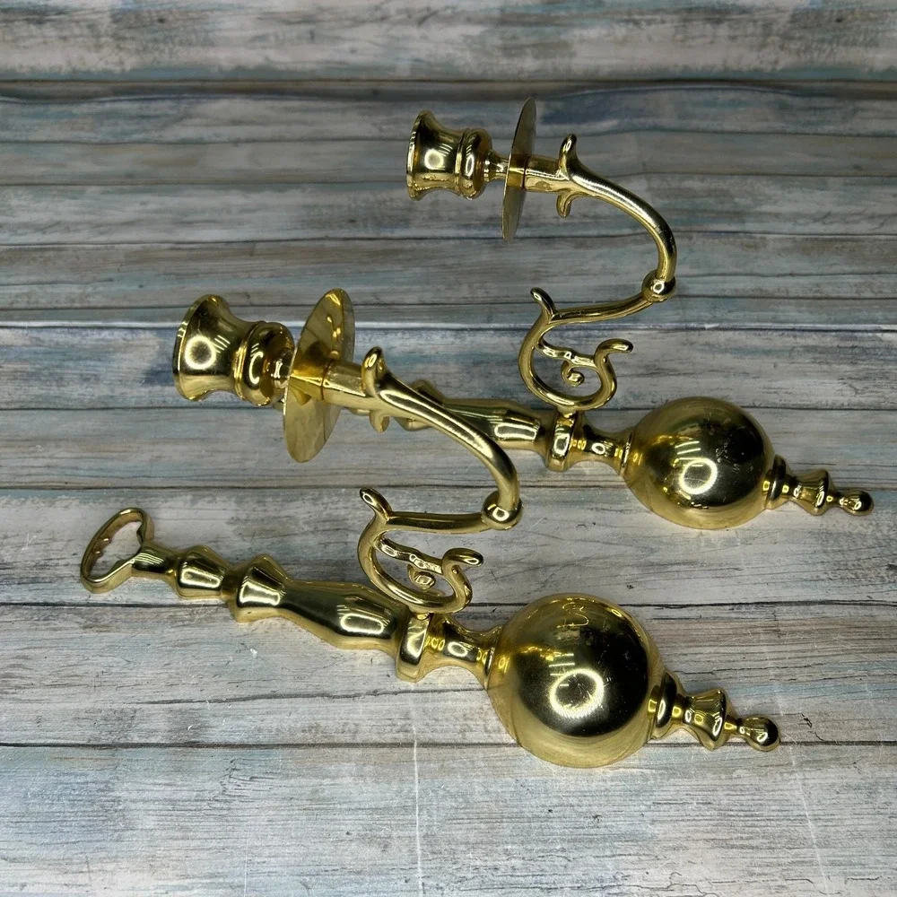 Brass Wall Sconce Candle Stick‎ Holders Pair Single Arm Regency Vintage